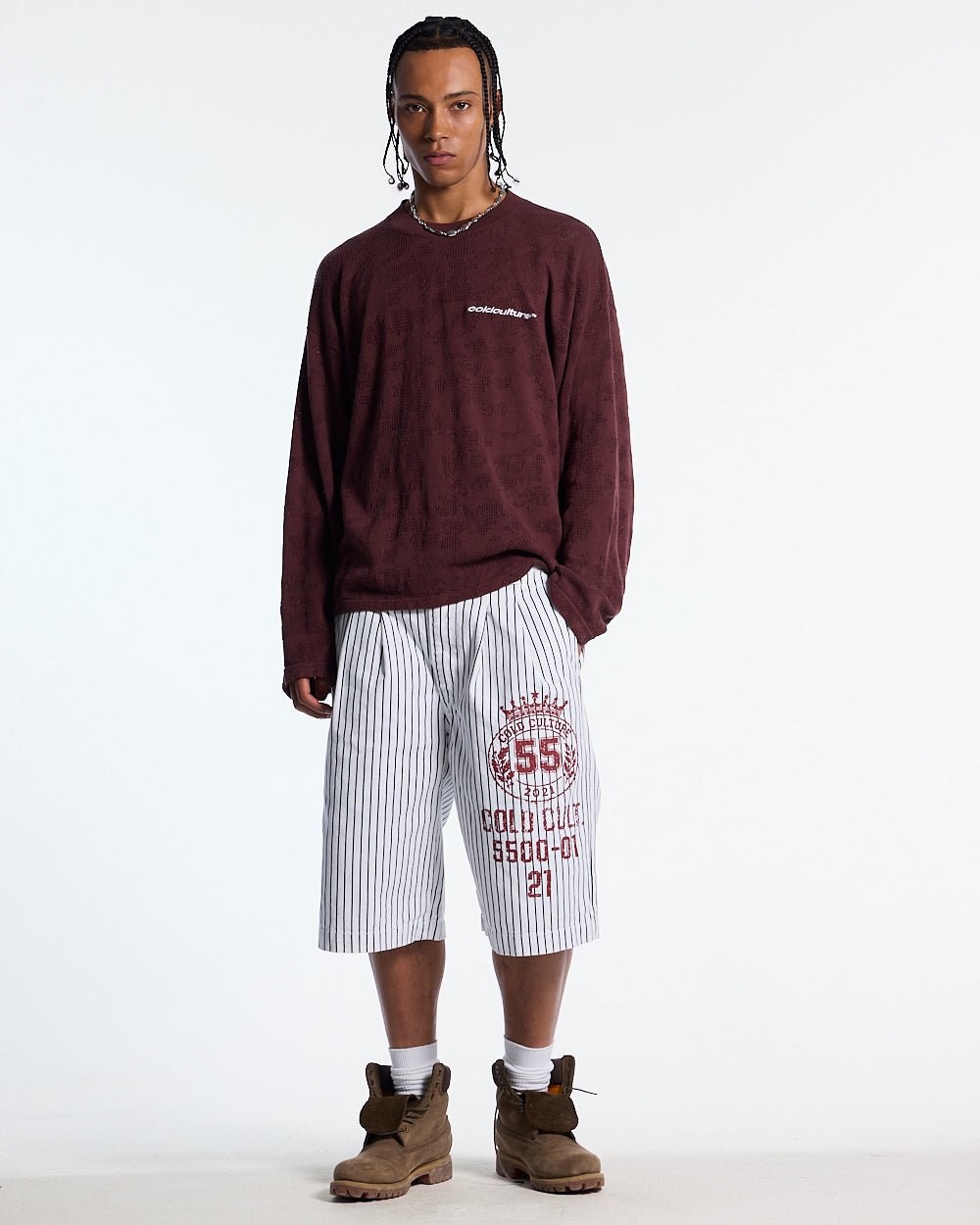 HURRACAINE LONGSLEEVE KNIT BROWN - brown jacquard knit sweater, front view on male model - Cold Culture #man