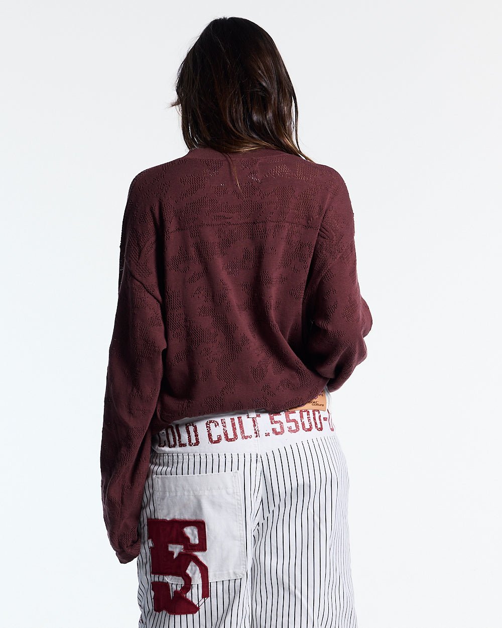 HURRACAINE LONGSLEEVE KNIT BROWN - brown jacquard knit sweater, back view on female model - Cold Culture #woman