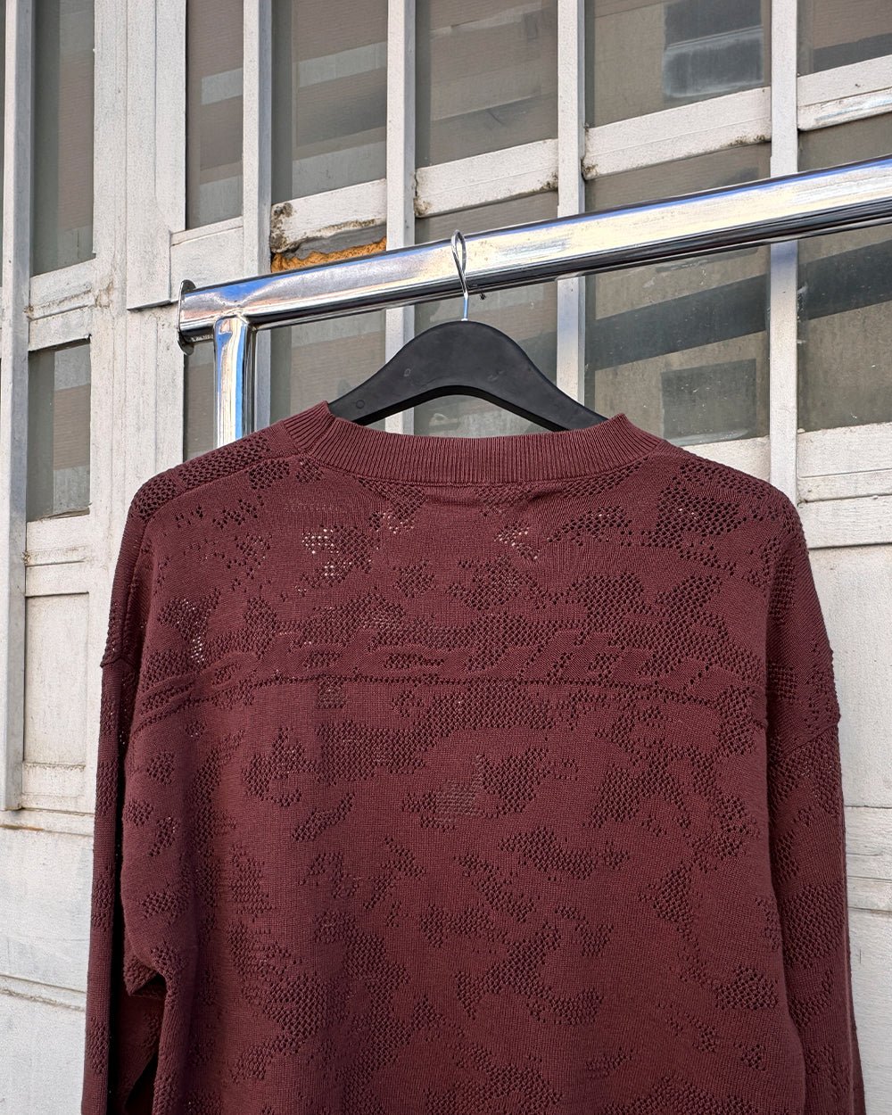 HURRACAINE LONGSLEEVE KNIT BROWN - brown jacquard knit sweater, back view - Cold Culture