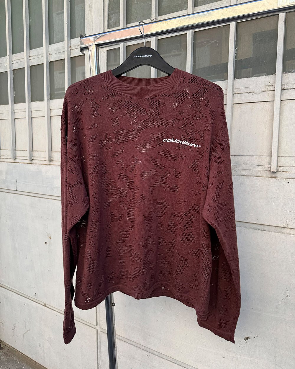 HURRACAINE LONGSLEEVE KNIT BROWN - brown jacquard knit sweater, front view - Cold Culture