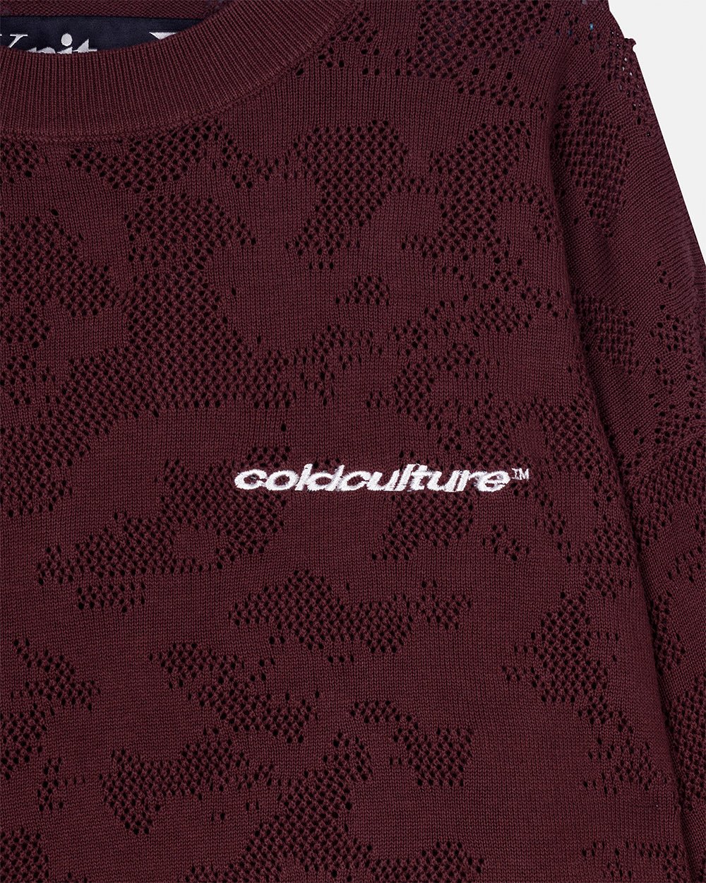HURRACAINE LONGSLEEVE KNIT BROWN - brown jacquard knit sweater, detail close-up - Cold Culture