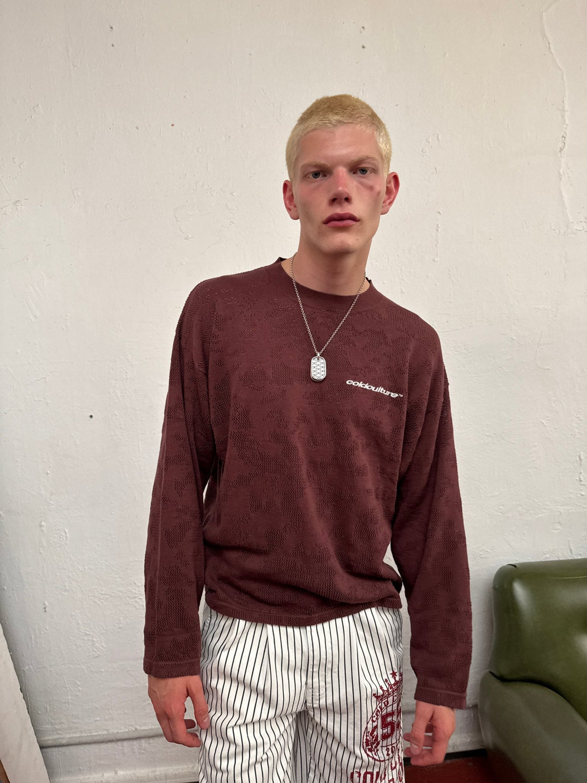 HURRACAINE LONGSLEEVE KNIT BROWN - brown jacquard knit sweater, front view on male model - Cold Culture