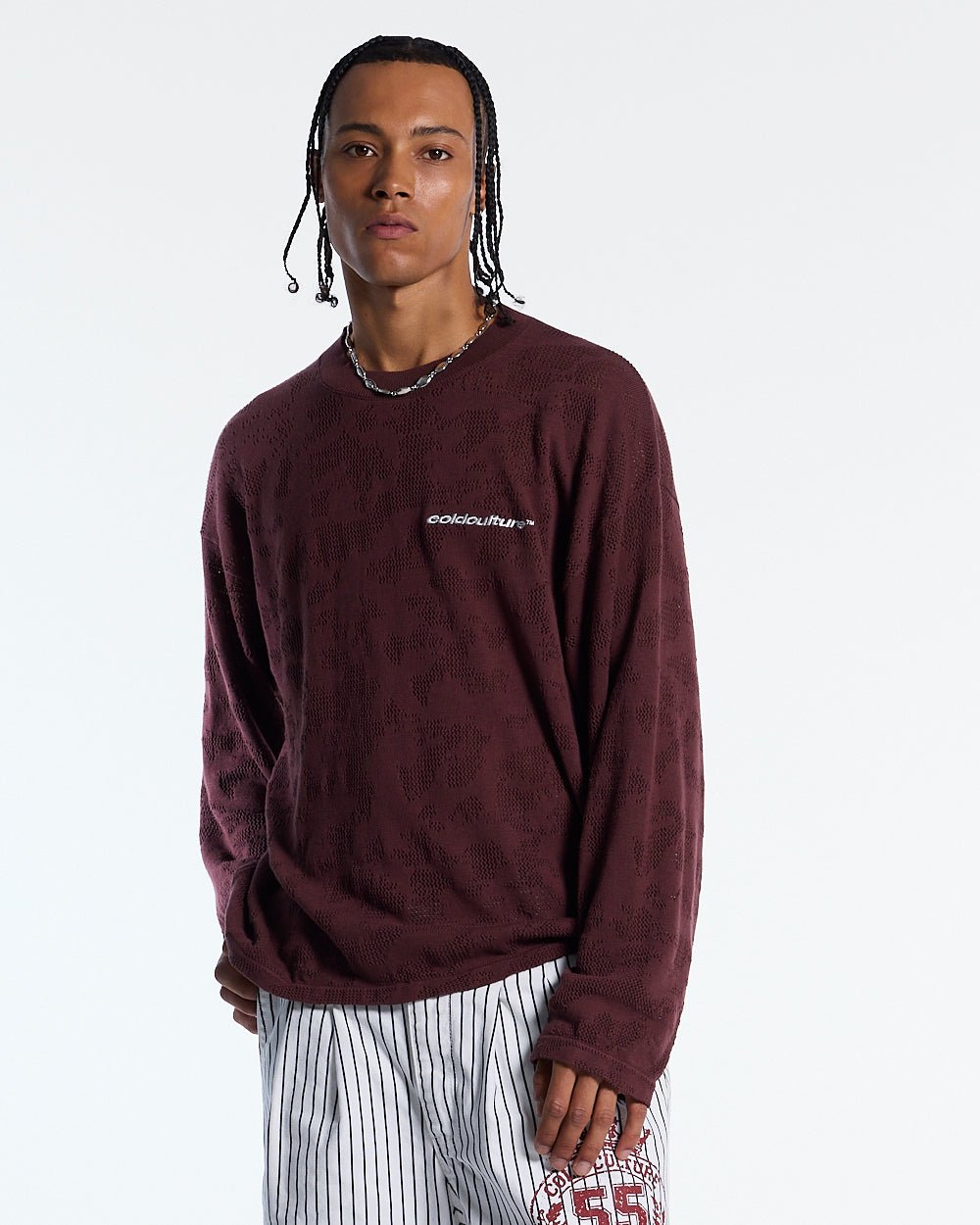 HURRACAINE LONGSLEEVE KNIT BROWN - brown jacquard knit sweater, front view on male model - Cold Culture #man