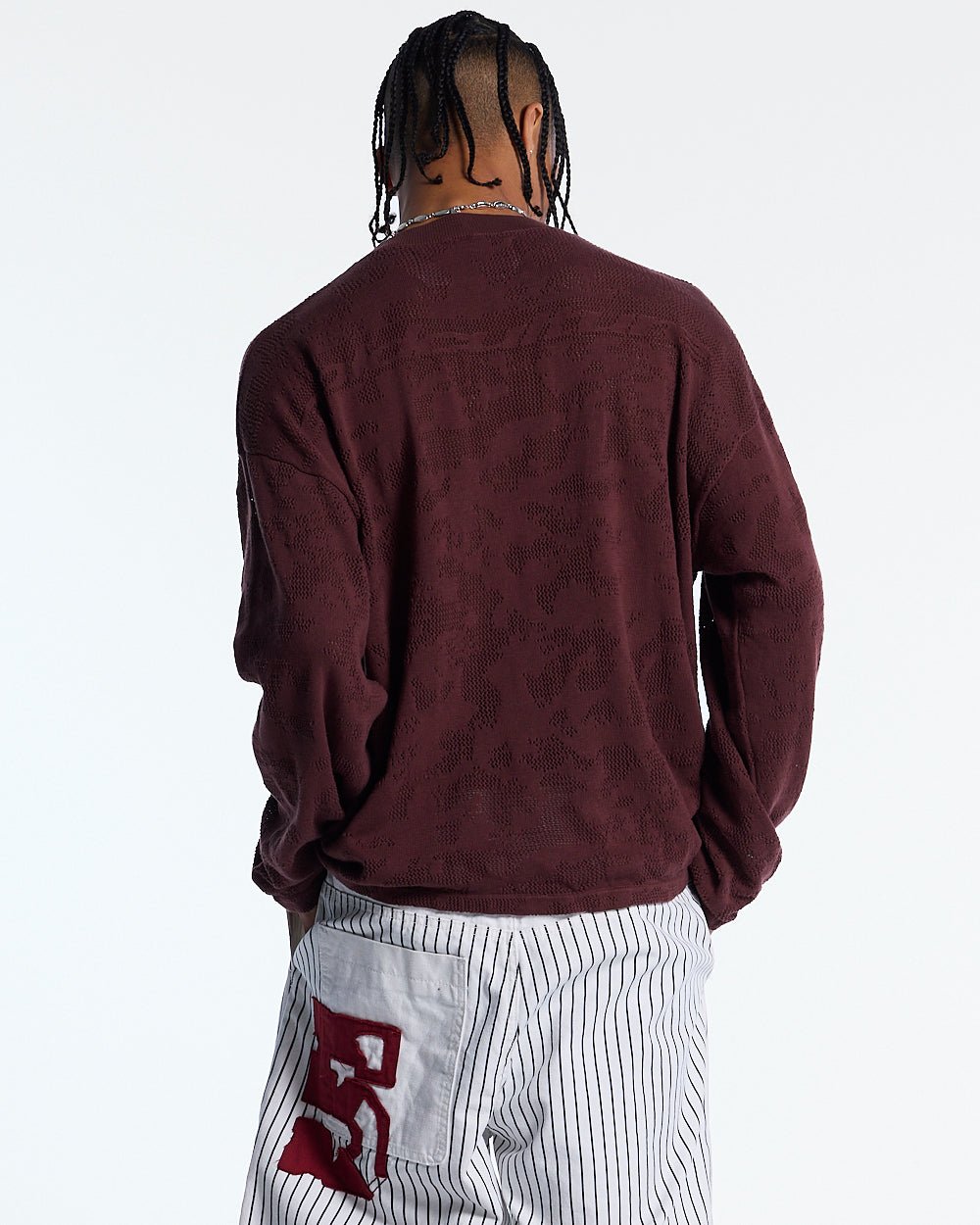 HURRACAINE LONGSLEEVE KNIT BROWN - brown jacquard knit sweater, back view on male model - Cold Culture #man