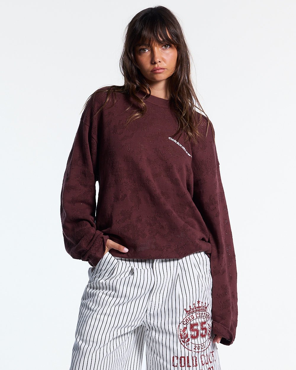 HURRACAINE LONGSLEEVE KNIT BROWN - brown jacquard knit sweater, front view on female model - Cold Culture #woman