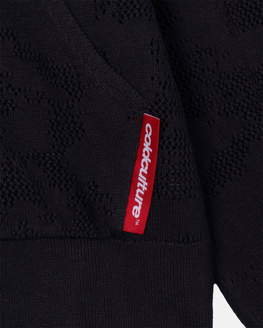 HURRACAINE ZIP KNIT BLACK - black jacquard zip-up hoodie, detail close-up - Cold Culture