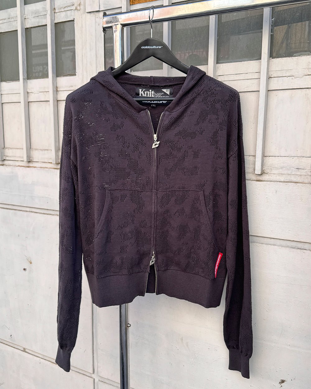 HURRACAINE ZIP KNIT BLACK - black jacquard zip-up hoodie, front view - Cold Culture