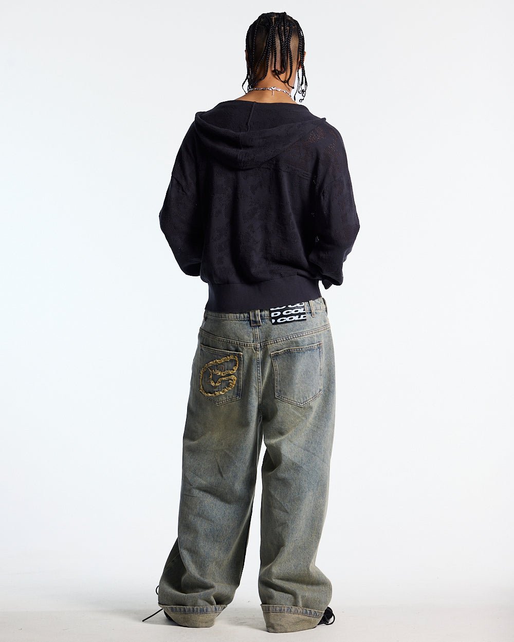 HURRACAINE ZIP KNIT BLACK - black jacquard zip-up hoodie, back view on male model - Cold Culture #man