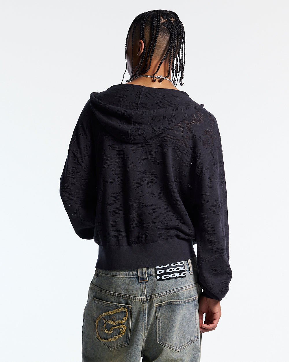 HURRACAINE ZIP KNIT BLACK - black jacquard zip-up hoodie, back view on male model - Cold Culture #man