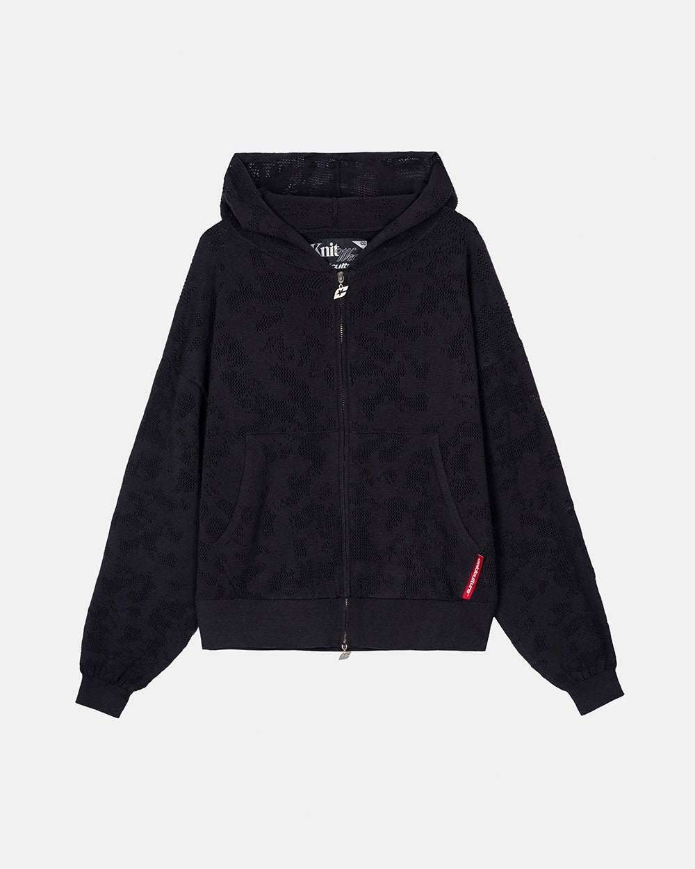 HURRACAINE ZIP KNIT BLACK - black jacquard zip-up hoodie, front view - Cold Culture #packshot