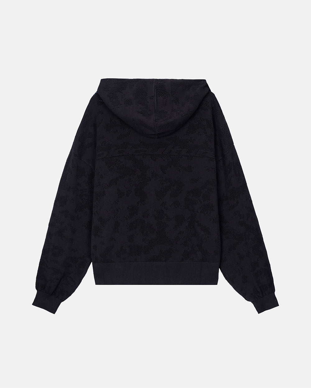 HURRACAINE ZIP KNIT BLACK - black jacquard zip-up hoodie, back view - Cold Culture #packshot