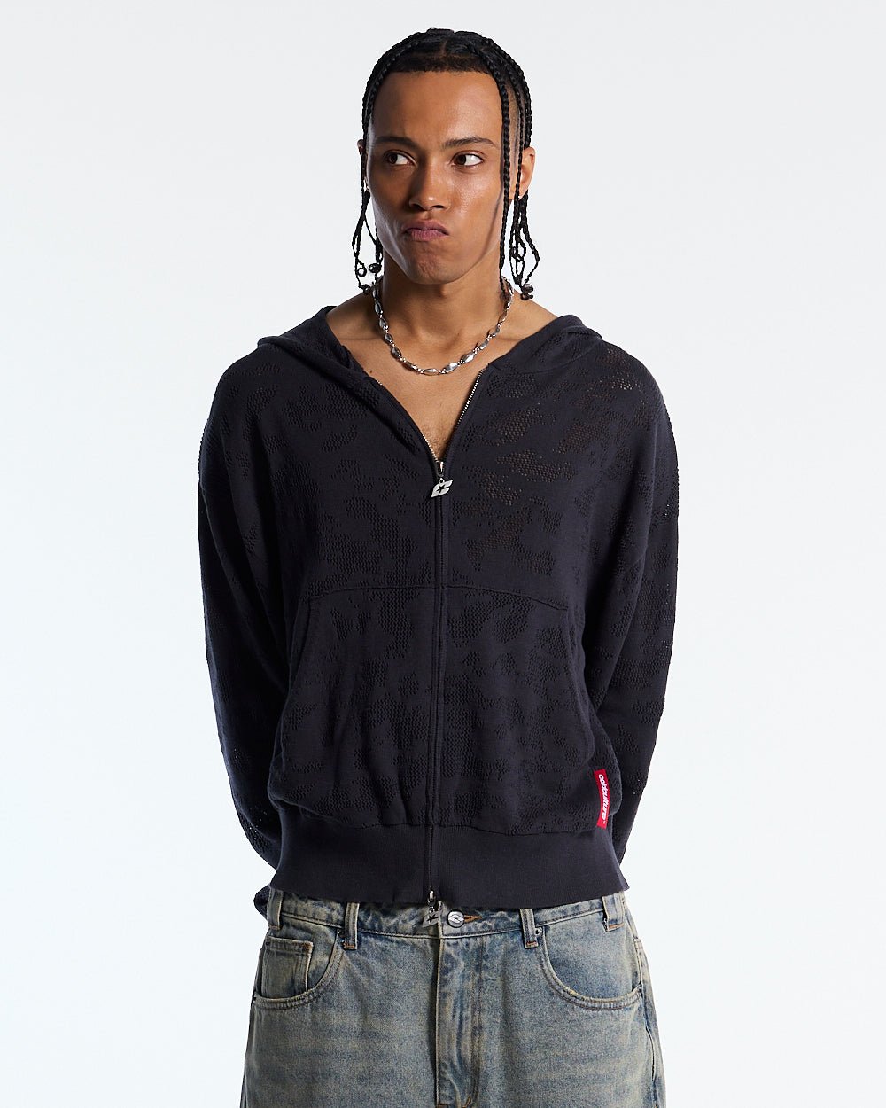 HURRACAINE ZIP KNIT BLACK - black jacquard zip-up hoodie, front view on male model - Cold Culture #man