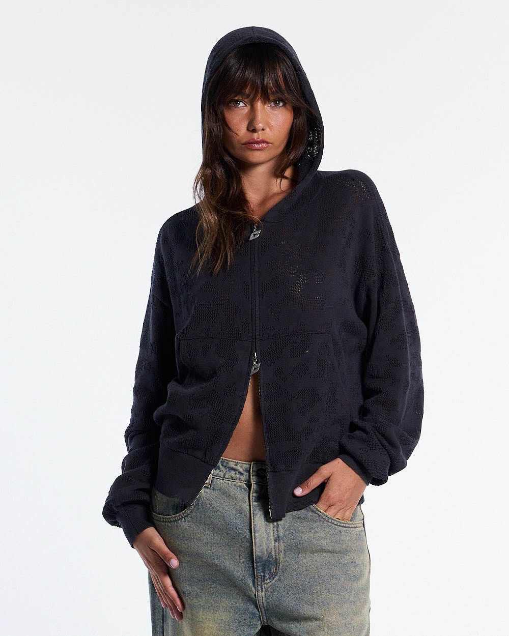 HURRACAINE ZIP KNIT BLACK - black jacquard zip-up hoodie, front view on female model - Cold Culture #woman
