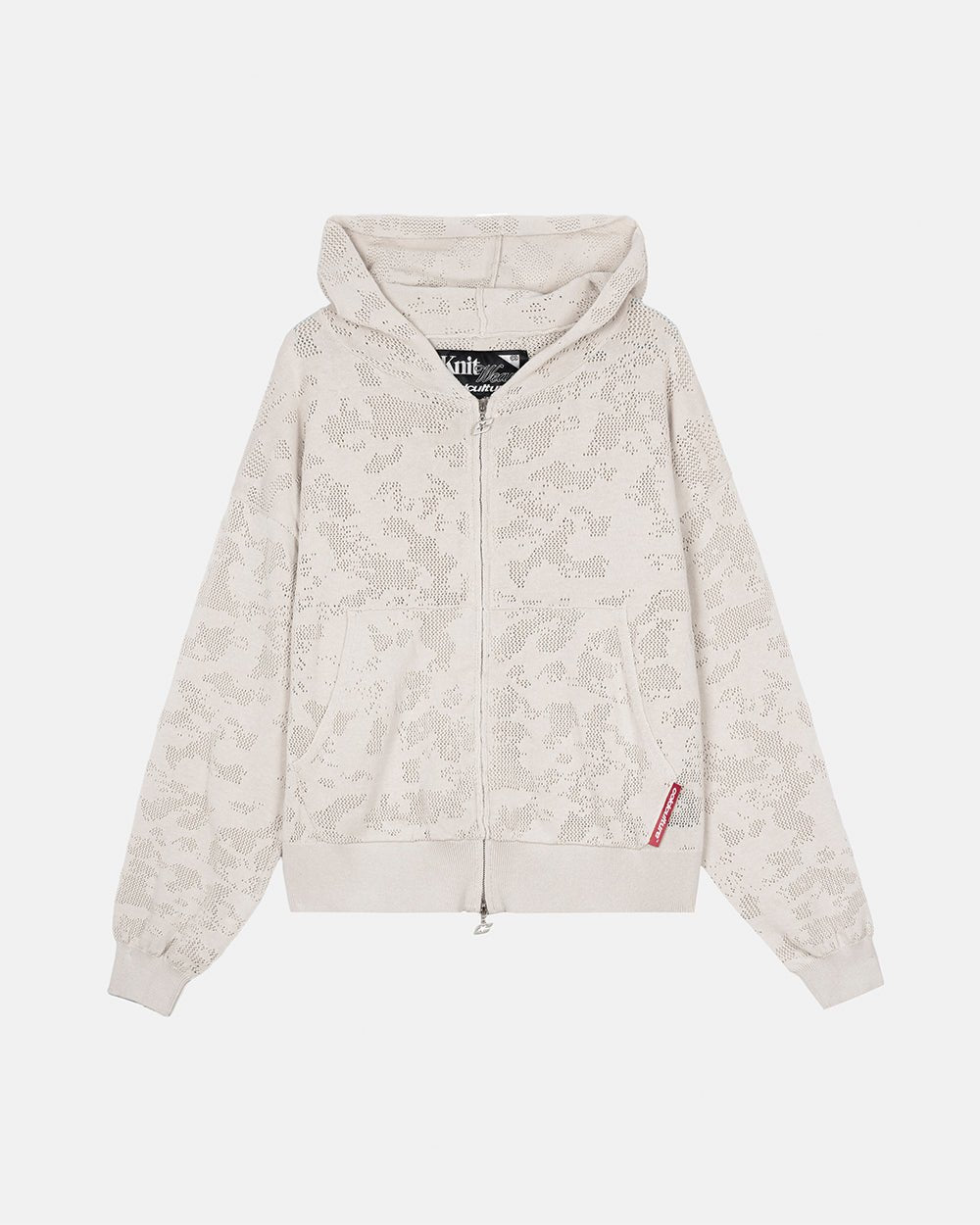 HURRACAINE ZIP KNIT WHITE - off-white knit zip-up hoodie, front view - Cold Culture #packshot