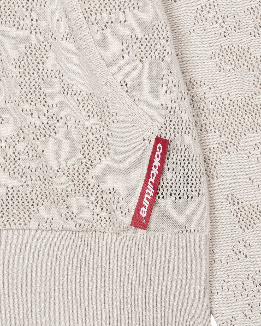 HURRACAINE ZIP KNIT WHITE - off-white knit zip-up hoodie, detail close-up - Cold Culture