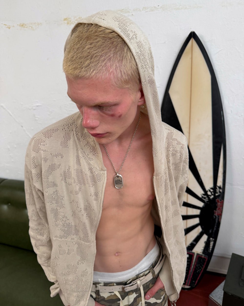 HURRACAINE ZIP KNIT WHITE - off-white knit zip-up hoodie, front view on male model - Cold Culture
