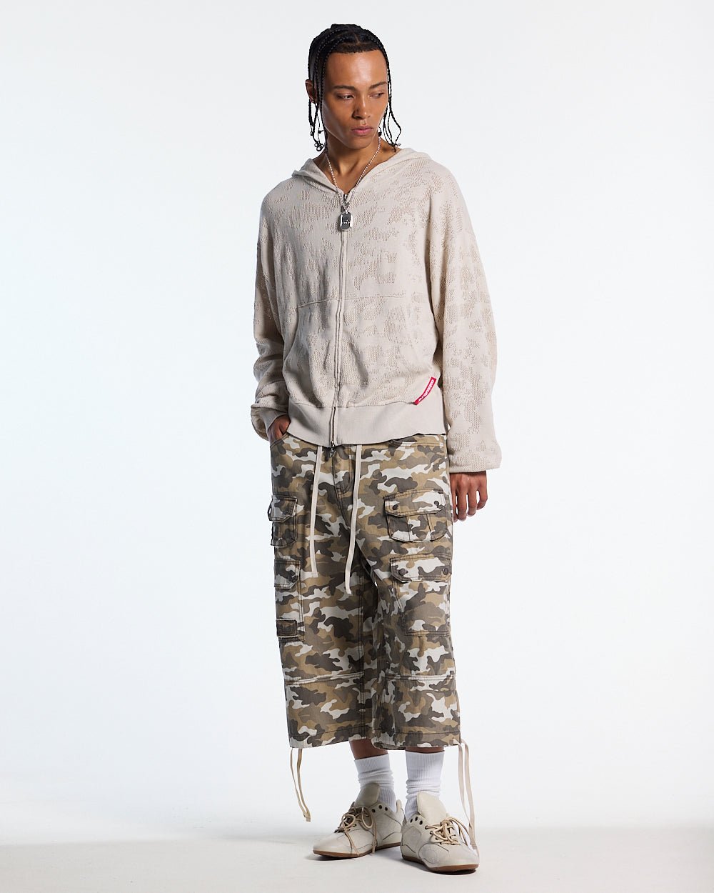 HURRACAINE ZIP KNIT WHITE - off-white knit zip-up hoodie, front view on male model - Cold Culture #man