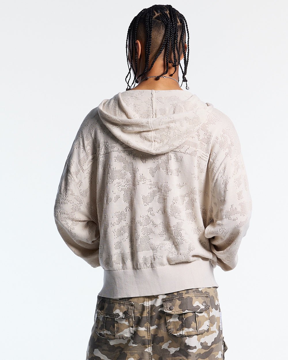 HURRACAINE ZIP KNIT WHITE - off-white knit zip-up hoodie, back view on male model - Cold Culture #man
