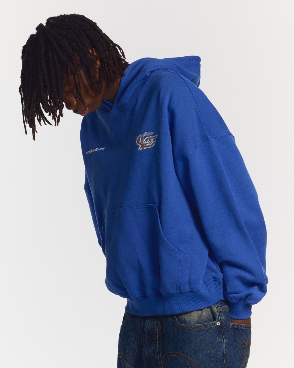 HYPERCHROME HOODIE ELECTRIC BLUE - blue oversized hoodie, side view - Cold Culture #man