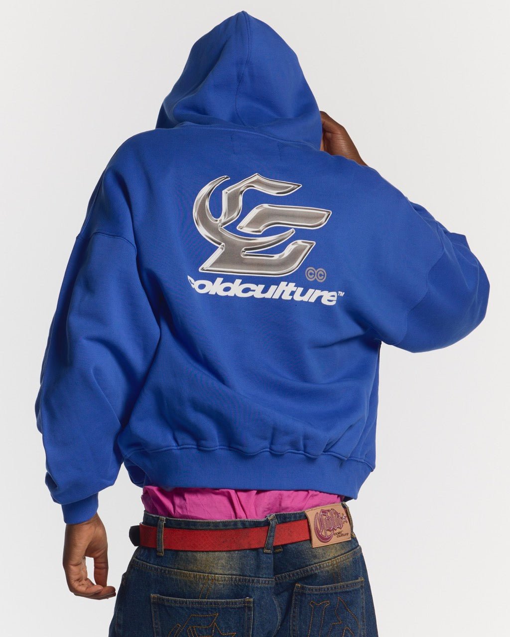 HYPERCHROME HOODIE ELECTRIC BLUE - blue oversized hoodie, back view on male model - Cold Culture