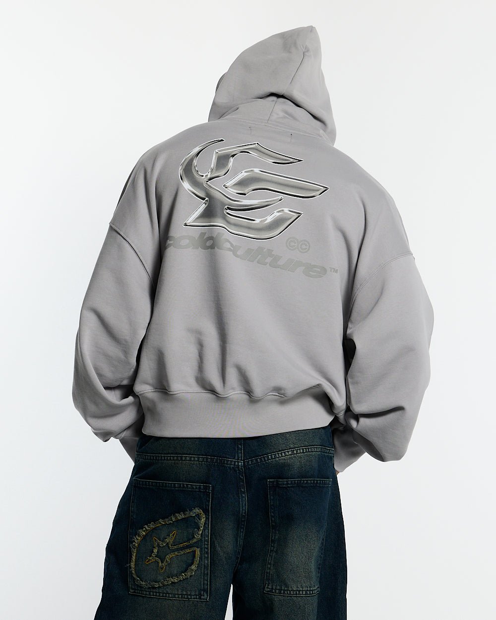 HYPERCHROME HOODIE PEARL GREY - pearl grey graphic print hoodie, back view on male model - Cold Culture