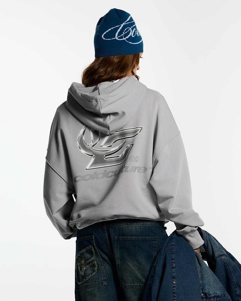 HYPERCHROME HOODIE PEARL GREY - pearl grey graphic print hoodie, back view on female model - Cold Culture #woman