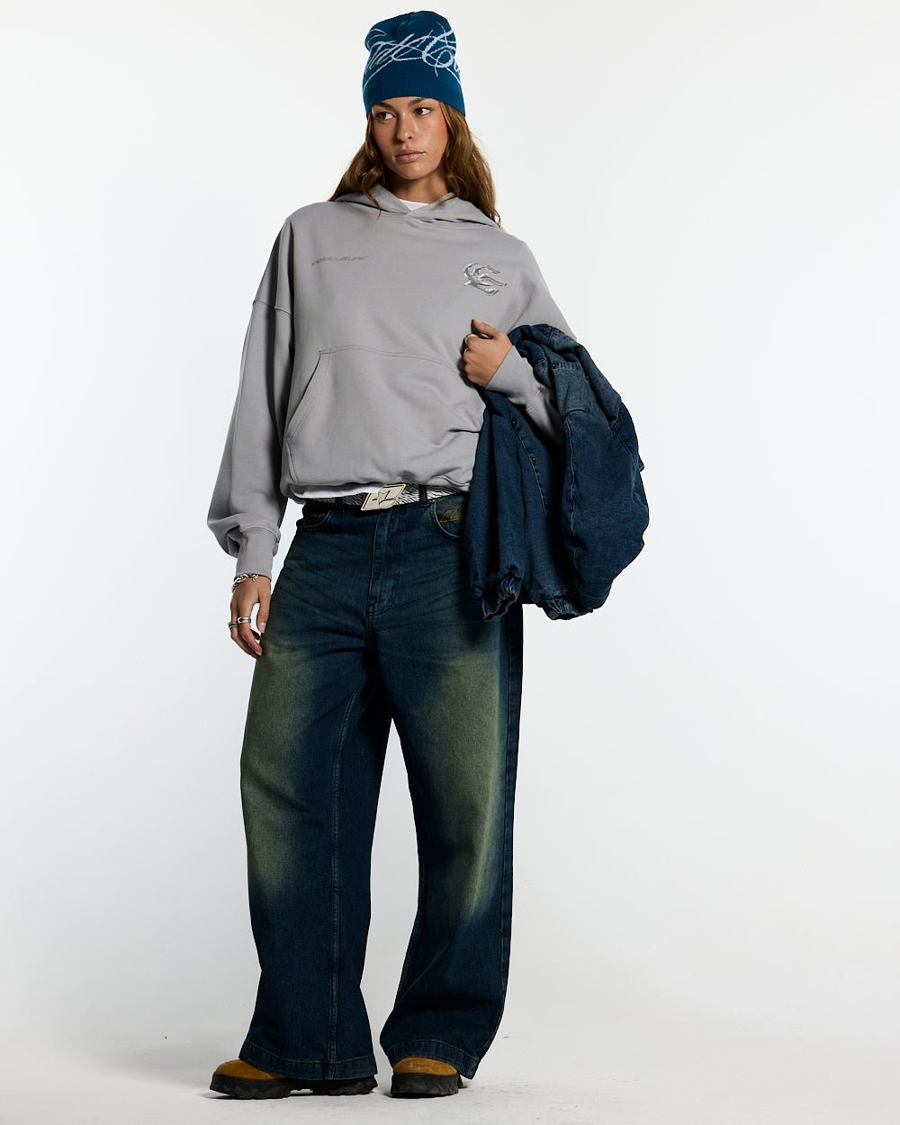 HYPERCHROME HOODIE PEARL GREY - pearl grey graphic print hoodie, front view on female model - Cold Culture #woman