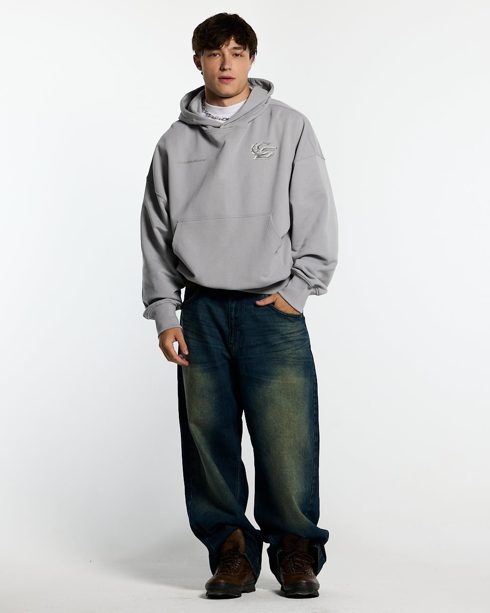 HYPERCHROME HOODIE PEARL GREY - pearl grey graphic print hoodie, front view on male model - Cold Culture #man