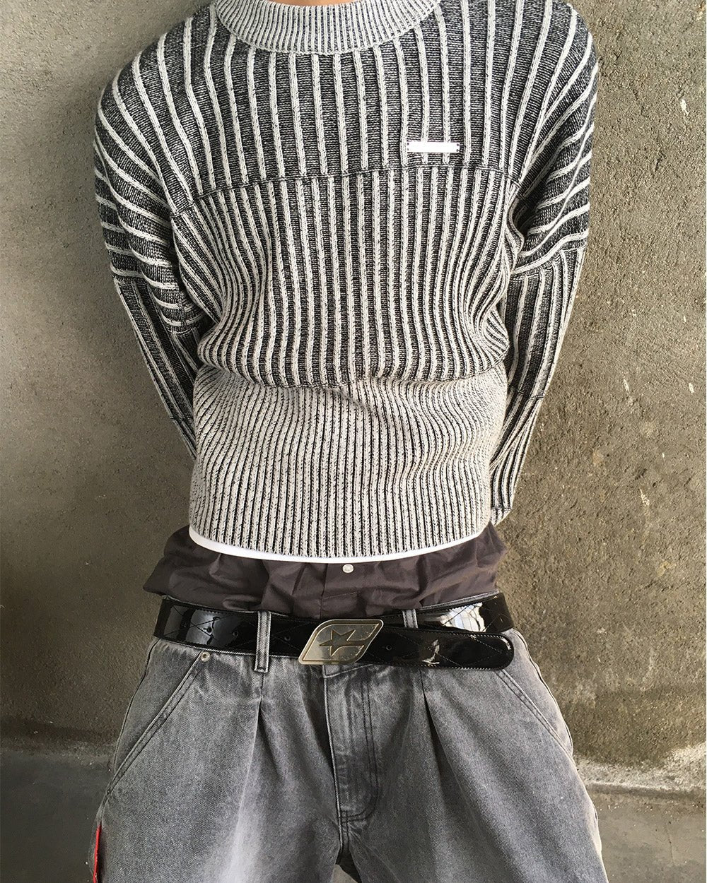 HYPERLINES KNIT BLACK & GREY - black and grey ribbed knit sweater, on model close-up - Cold Culture