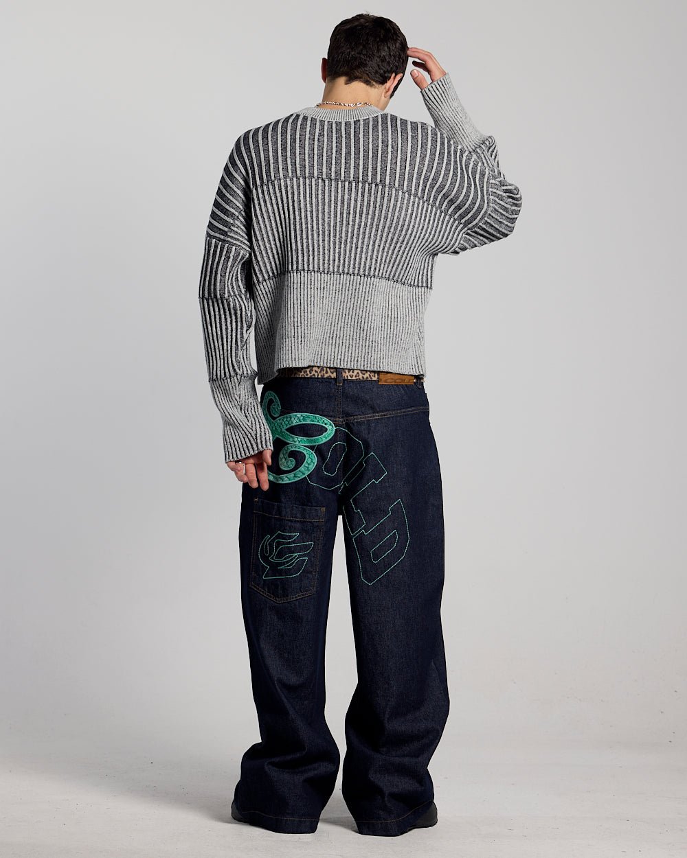 HYPERLINES KNIT BLACK & GREY - black and grey ribbed knit sweater, back view on male model - Cold Culture #man