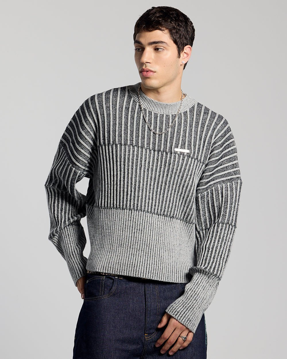 HYPERLINES KNIT BLACK & GREY - black and grey ribbed knit sweater, front view on male model - Cold Culture #man