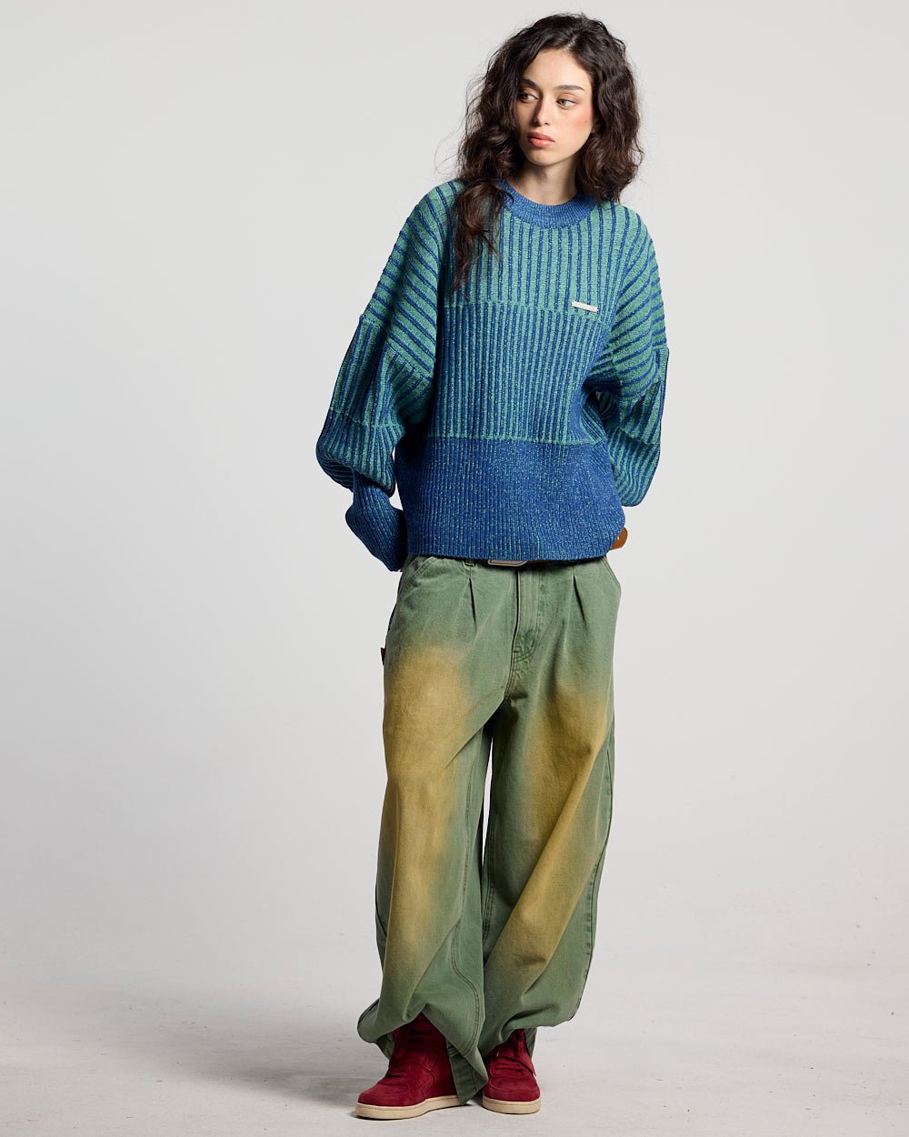 HYPERLINES KNIT BLUE & GREEN - blue and green ribbed knit sweater, front view on female model - Cold Culture #woman