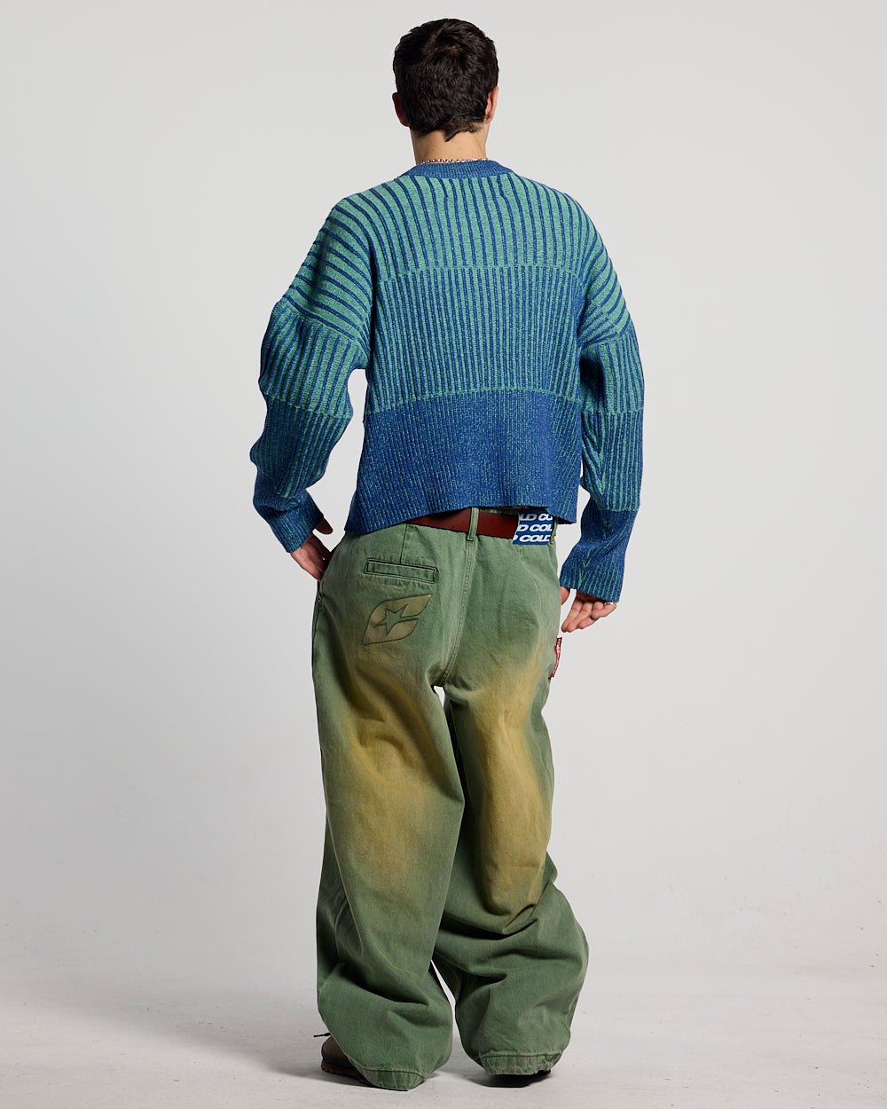 HYPERLINES KNIT BLUE & GREEN - blue and green ribbed knit sweater, back view on male model - Cold Culture #man