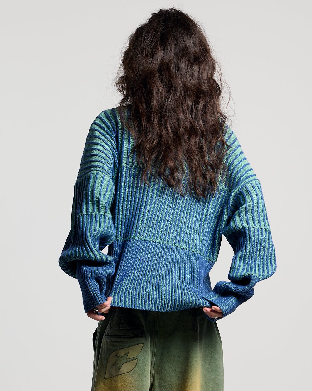 HYPERLINES KNIT BLUE & GREEN - blue and green ribbed knit sweater, back view on female model - Cold Culture #woman