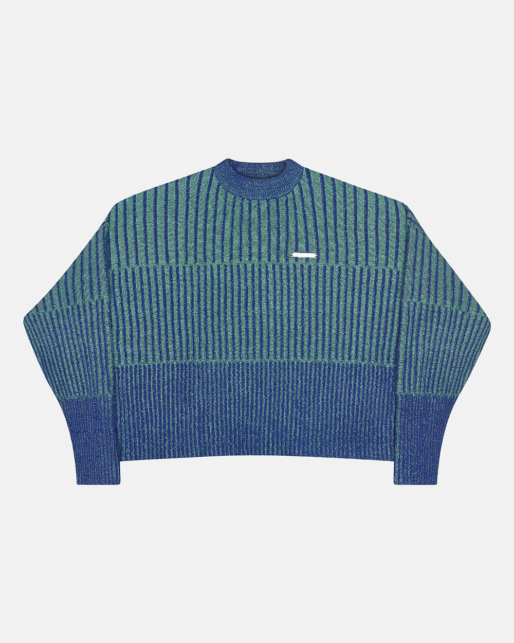 HYPERLINES KNIT BLUE & GREEN - blue and green ribbed knit sweater, front view - Cold Culture #packshot