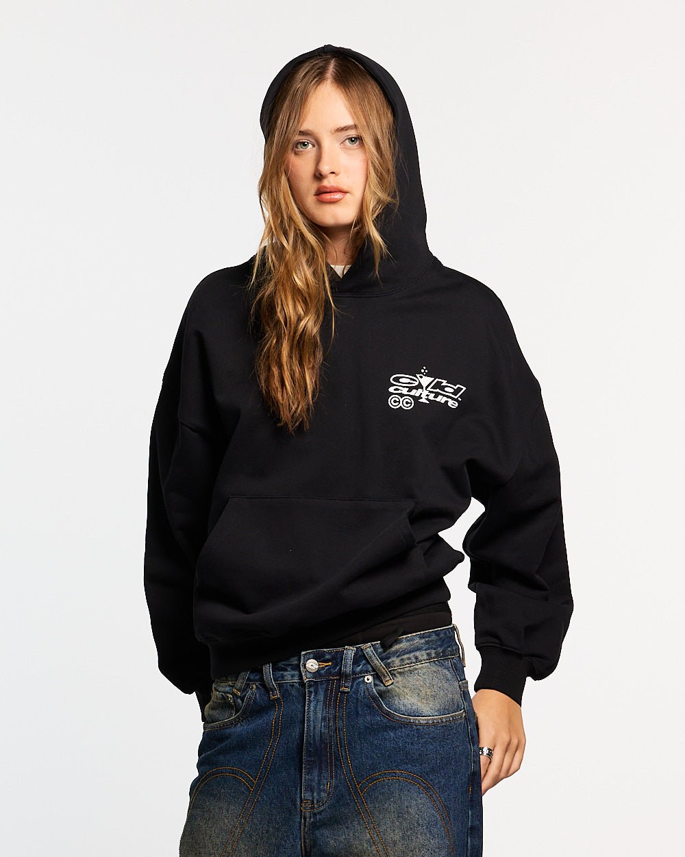 I SWEAR ITS WATER HOODIE BLACK - black graphic print hoodie, front view on female model - Cold Culture #woman