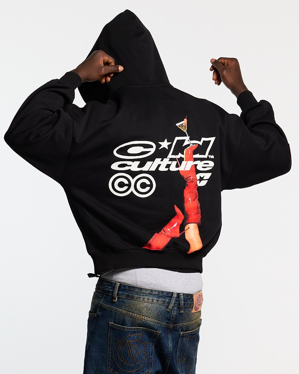 I SWEAR ITS WATER HOODIE BLACK - black graphic print hoodie, back view on male model - Cold Culture
