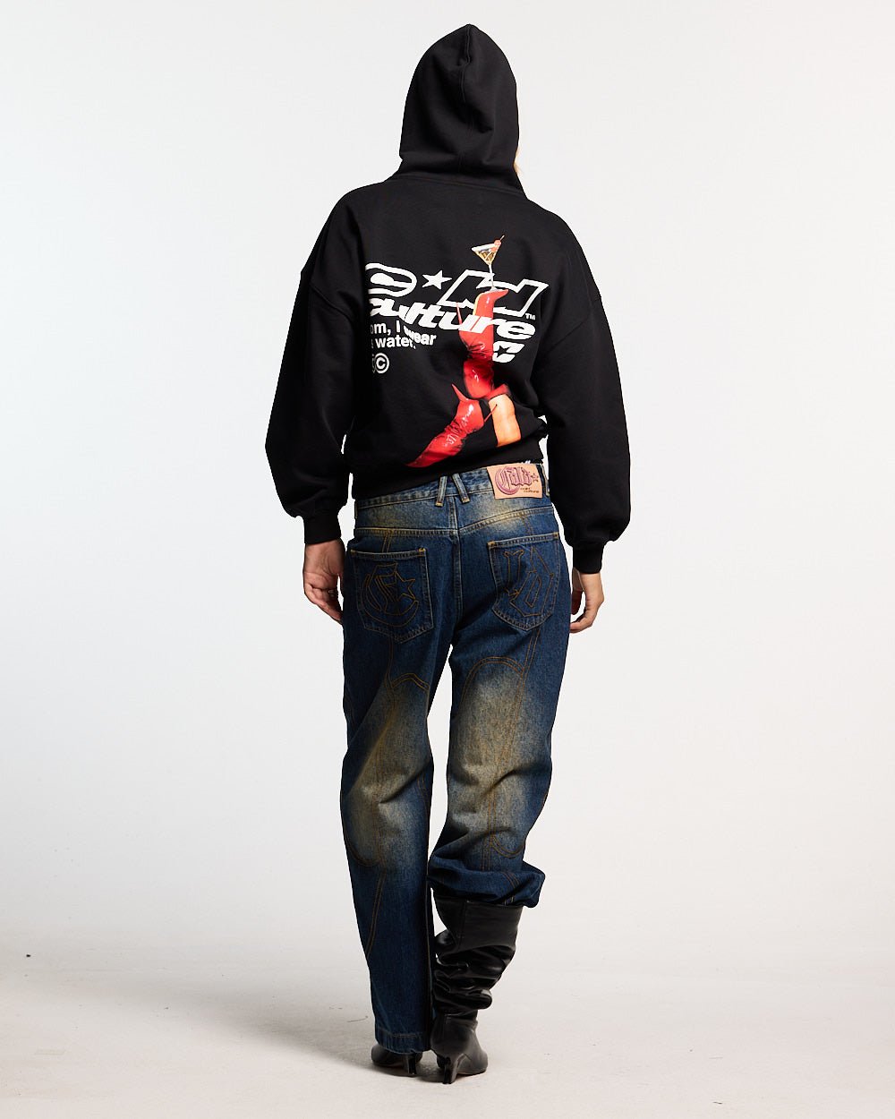 I SWEAR ITS WATER HOODIE BLACK - black graphic print hoodie, back view on female model - Cold Culture #woman