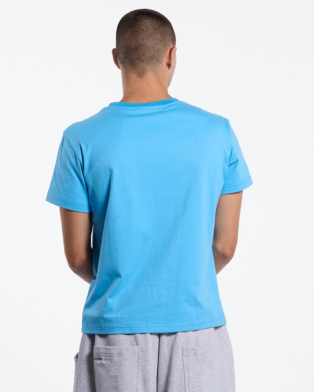 ICEY TEE BLUE - light blue graphic tee, back view on male model - Cold Culture #man
