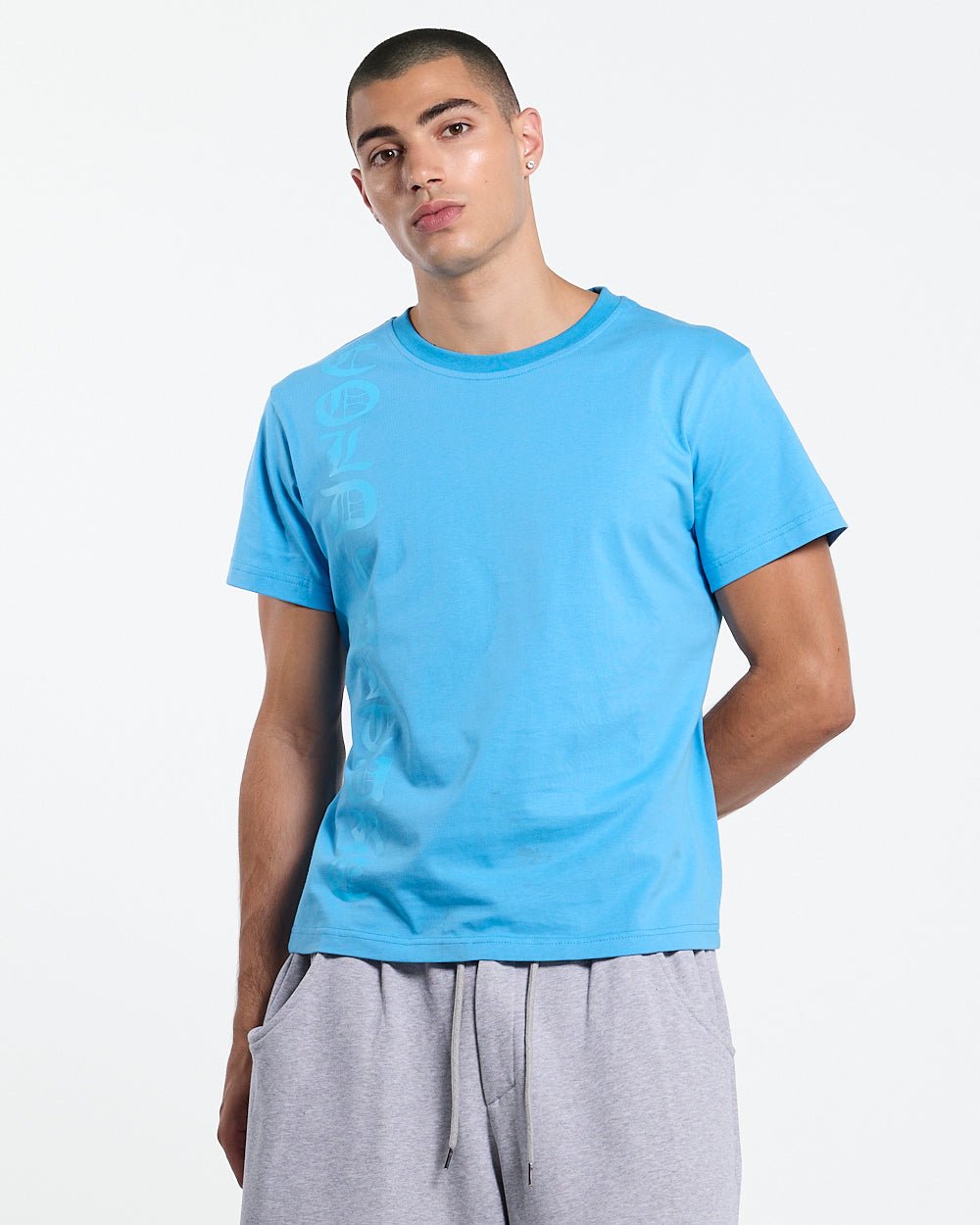ICEY TEE BLUE - light blue graphic tee, front view on male model - Cold Culture #man