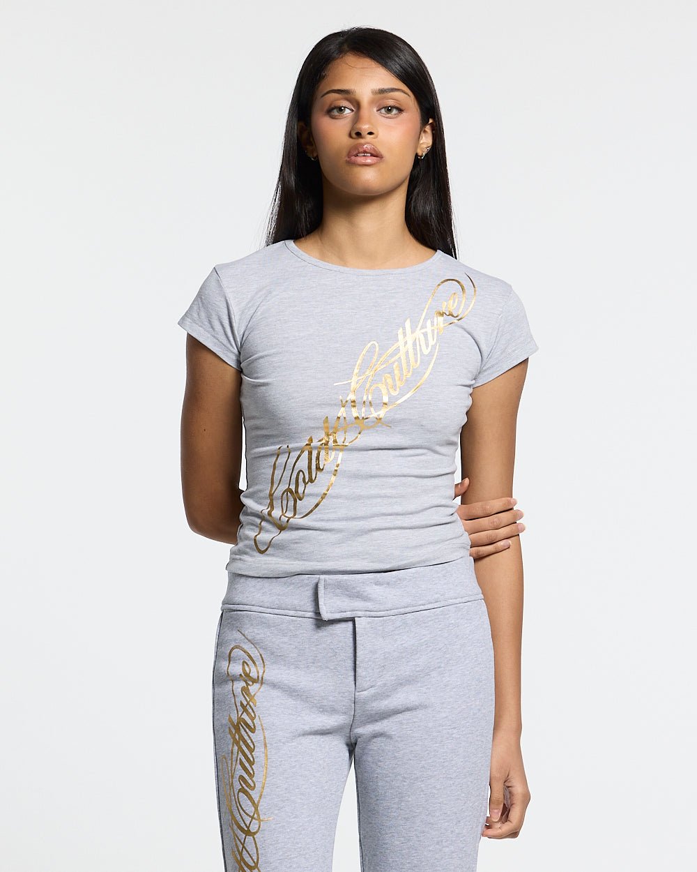 ICON BABY TEE HEATHER GREY - heather grey graphic print women's tee, front view on female model - Cold Culture #woman