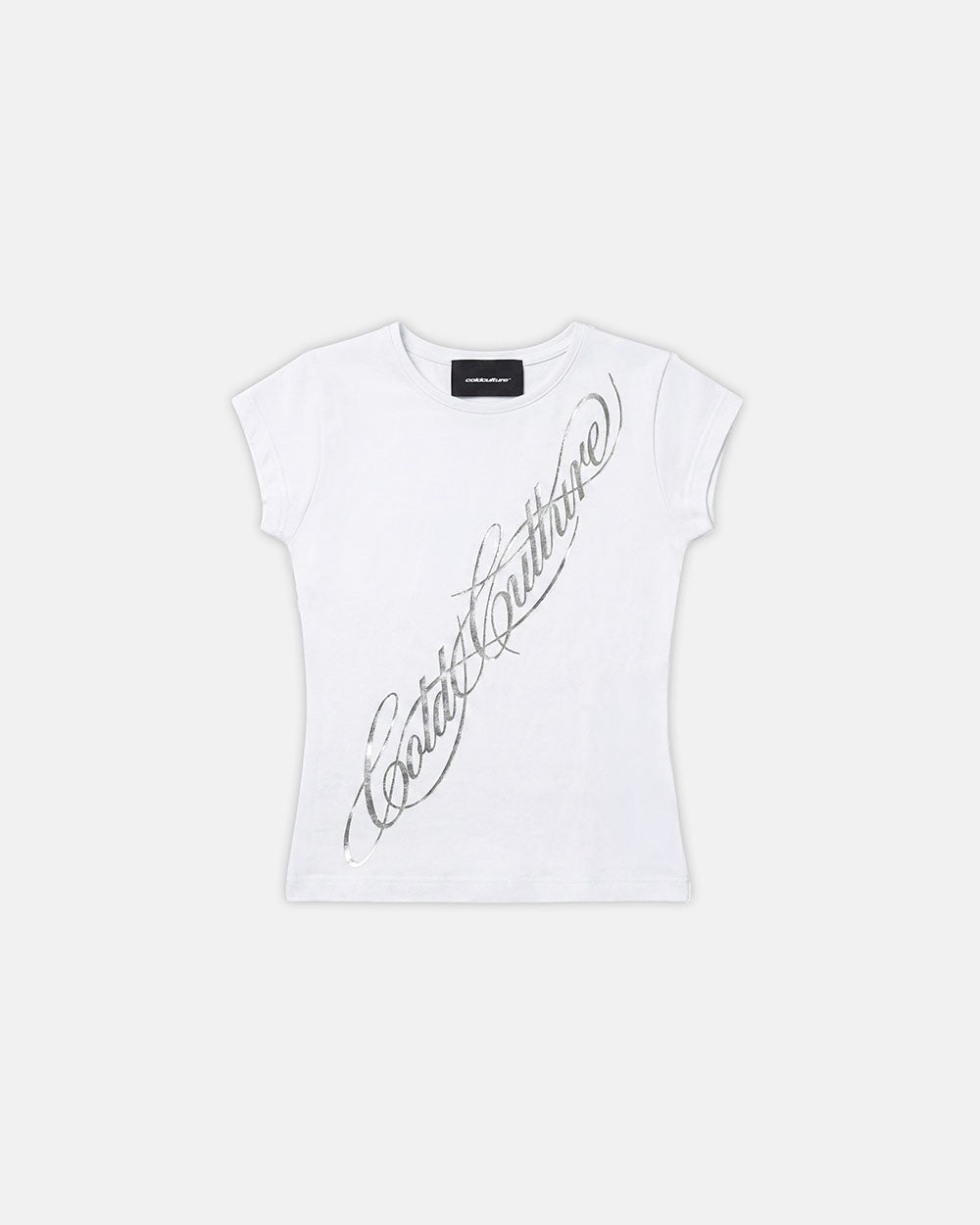 ICON BABY TEE WHITE - white graphic print women's tee, front view - Cold Culture #packshot