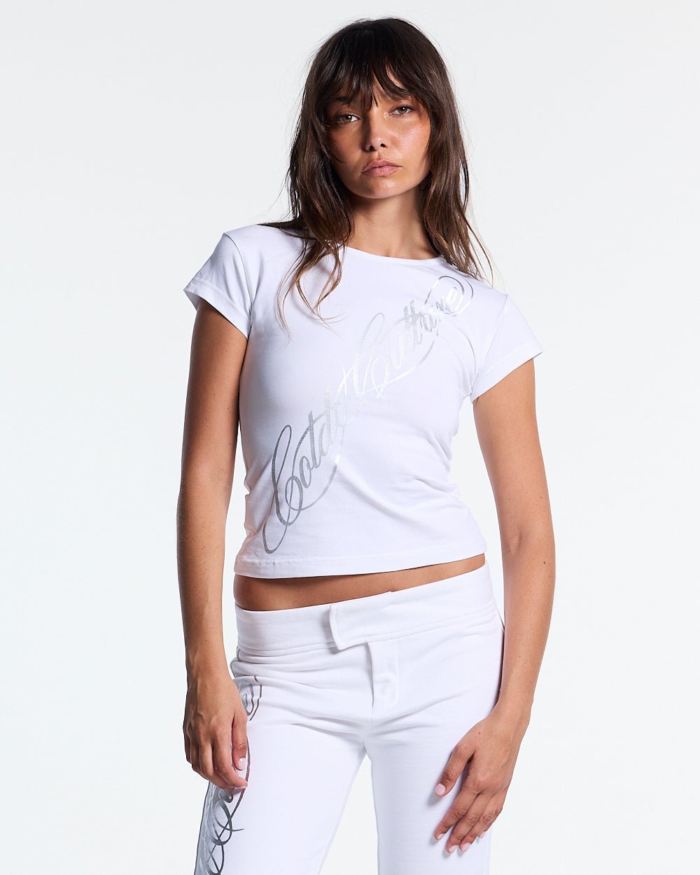 ICON BABY TEE WHITE - white graphic print women's tee, front view on female model - Cold Culture #woman