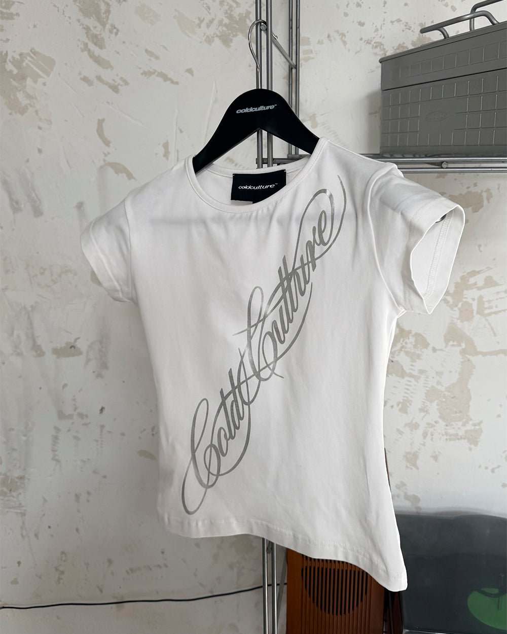 ICON BABY TEE WHITE - white graphic print women's tee, front view - Cold Culture