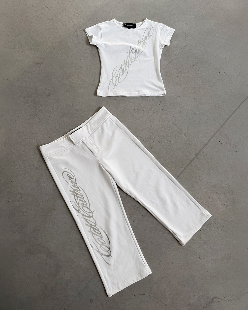 ICON CAPRI WHITE - white cropped women's pants, flat lay with matching pieces - Cold Culture