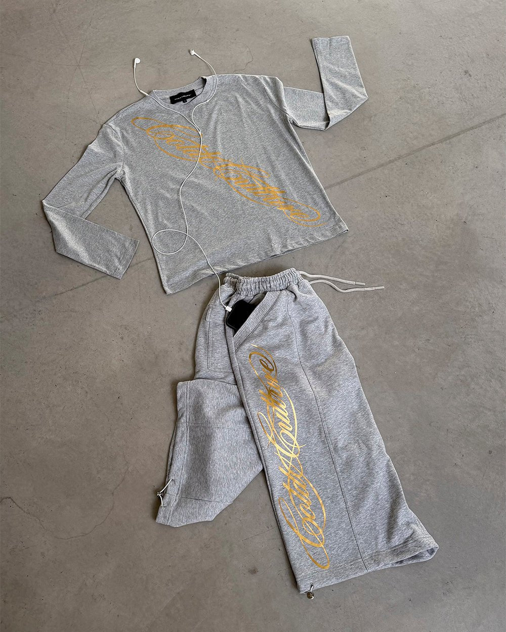 ICON LONGSLEEVE TEE HEATHER GREY - heather grey graphic print longsleeve tee, flat lay with matching pieces - Cold Culture