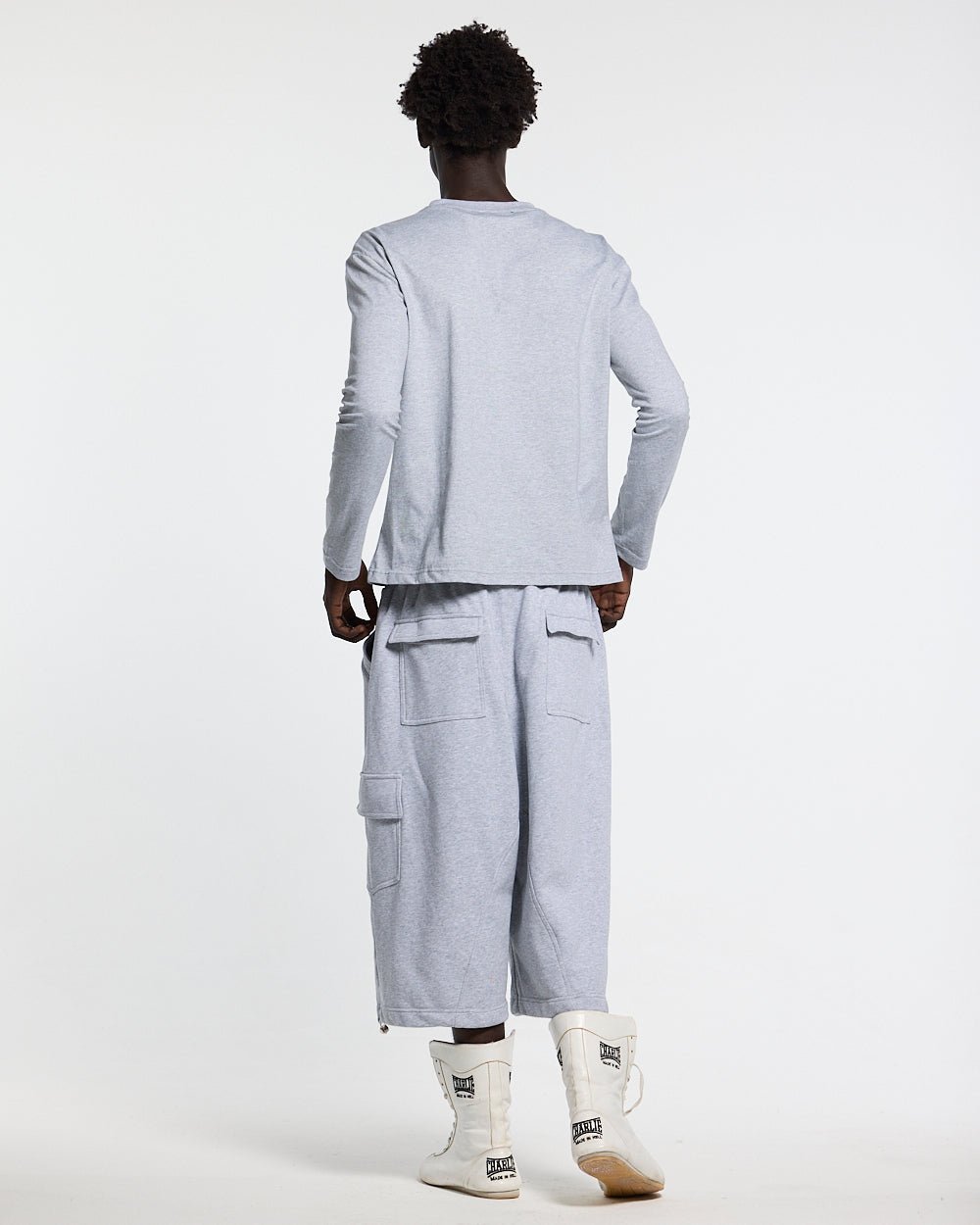 ICON LONGSLEEVE TEE HEATHER GREY - heather grey graphic print longsleeve tee, back view on male model - Cold Culture #man