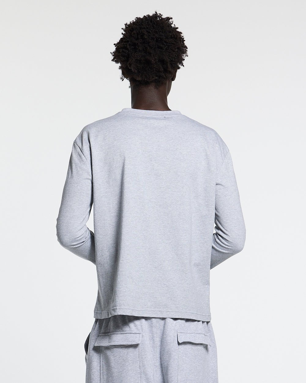 ICON LONGSLEEVE TEE HEATHER GREY - heather grey graphic print longsleeve tee, back view on male model - Cold Culture #man