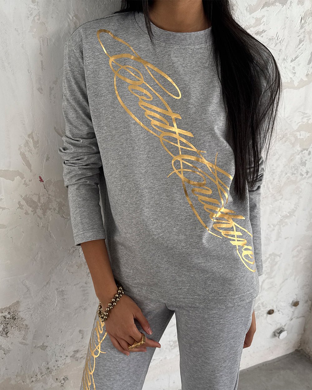 ICON LONGSLEEVE TEE HEATHER GREY - heather grey graphic print longsleeve tee, on model close-up - Cold Culture