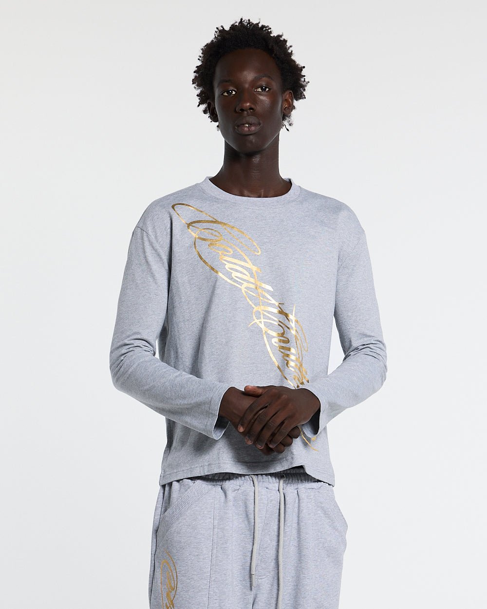 ICON LONGSLEEVE TEE HEATHER GREY - heather grey graphic print longsleeve tee, front view on male model - Cold Culture #man